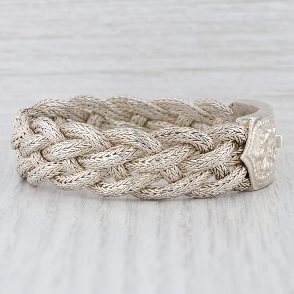 Vintage Bali Style Bracelet Sterling Silver Ornate Floral Woven Chain 7.25"