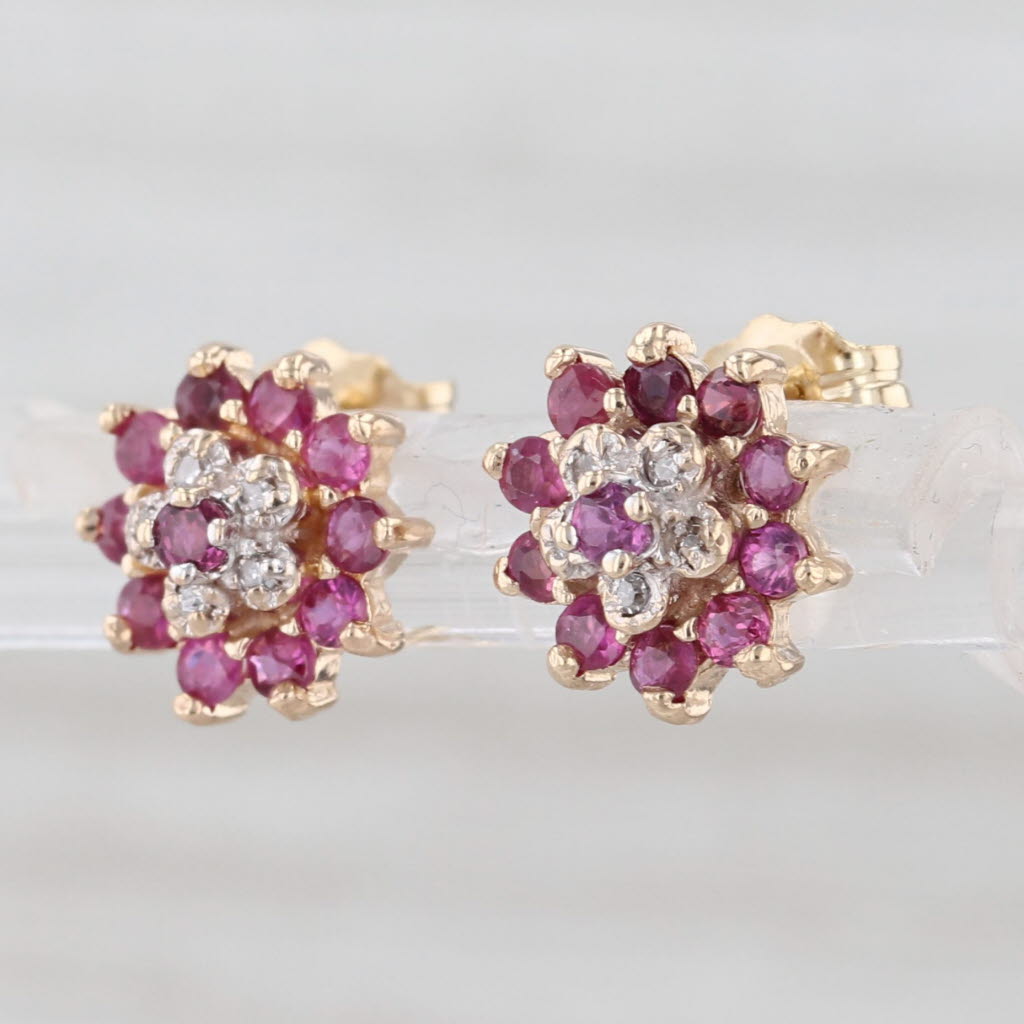 0.72ctw Ruby Diamond Flower Stud Earrings 10k 14k Gold Small Round Studs