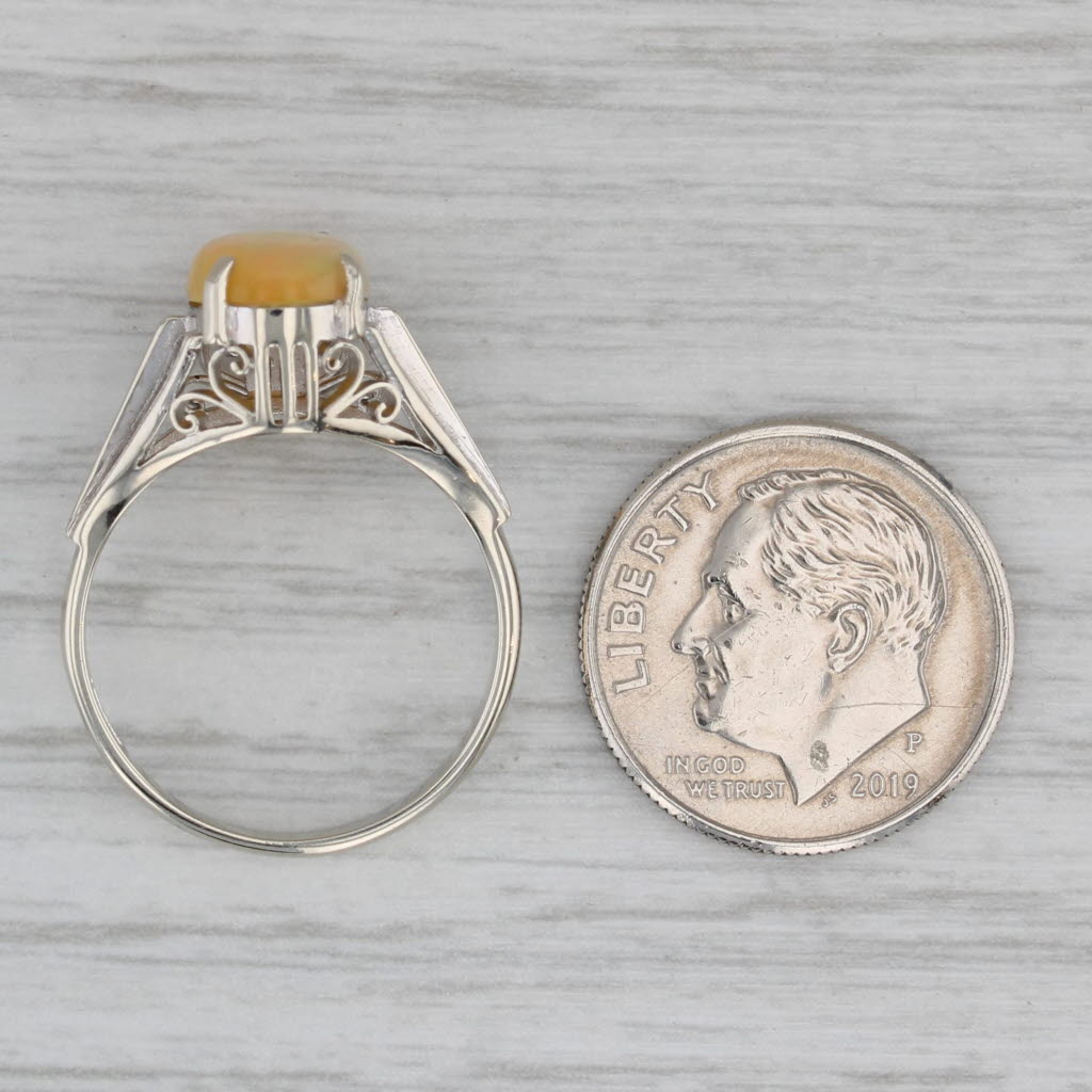 Gray Rainbow Yellow Opal Solitaire Ring 14k White Gold Size 6.25