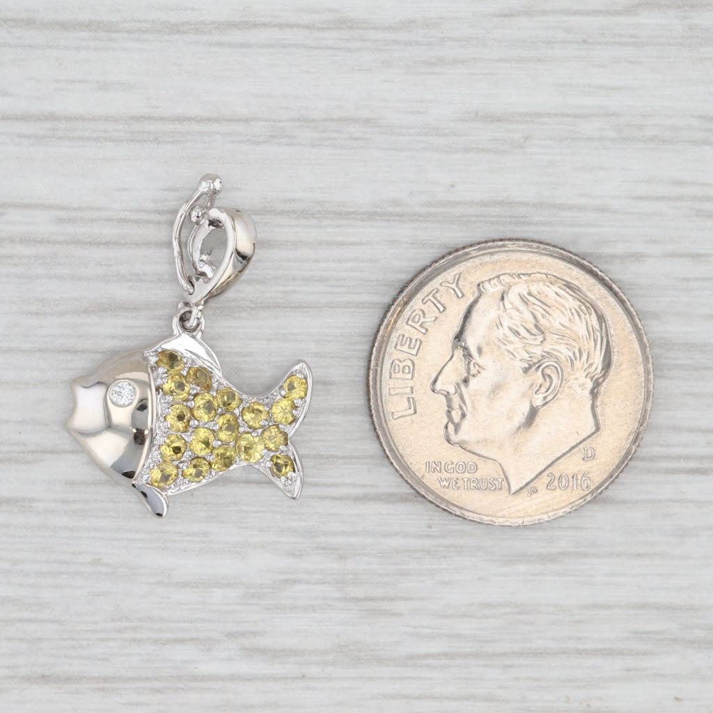 Diamond Yellow Sapphire Fish Pendant 14k White Gold Small Charm Clip Bail