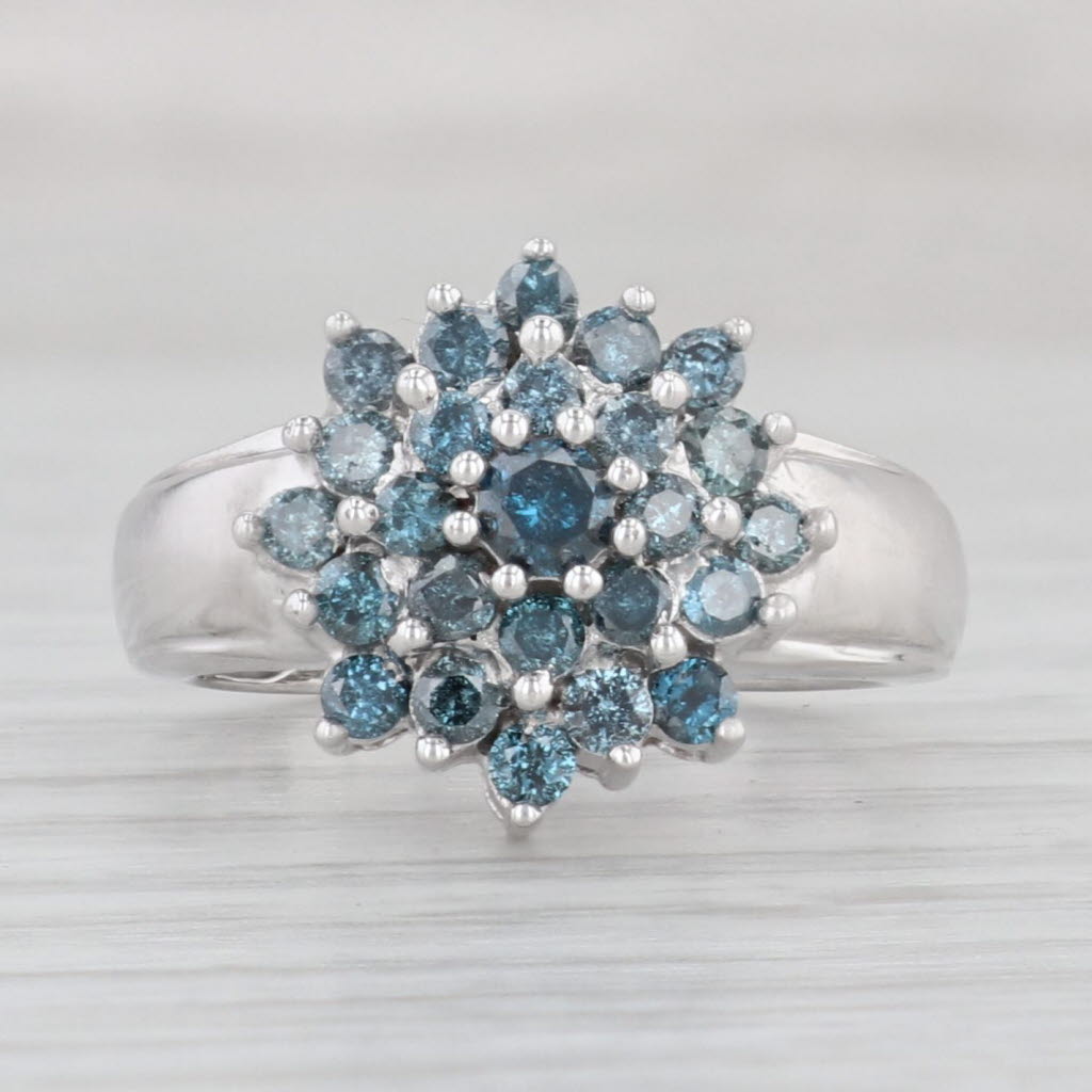 Light Gray 0.80ctw Blue Diamond Flower Cluster Ring 10k White Gold Size 6.5