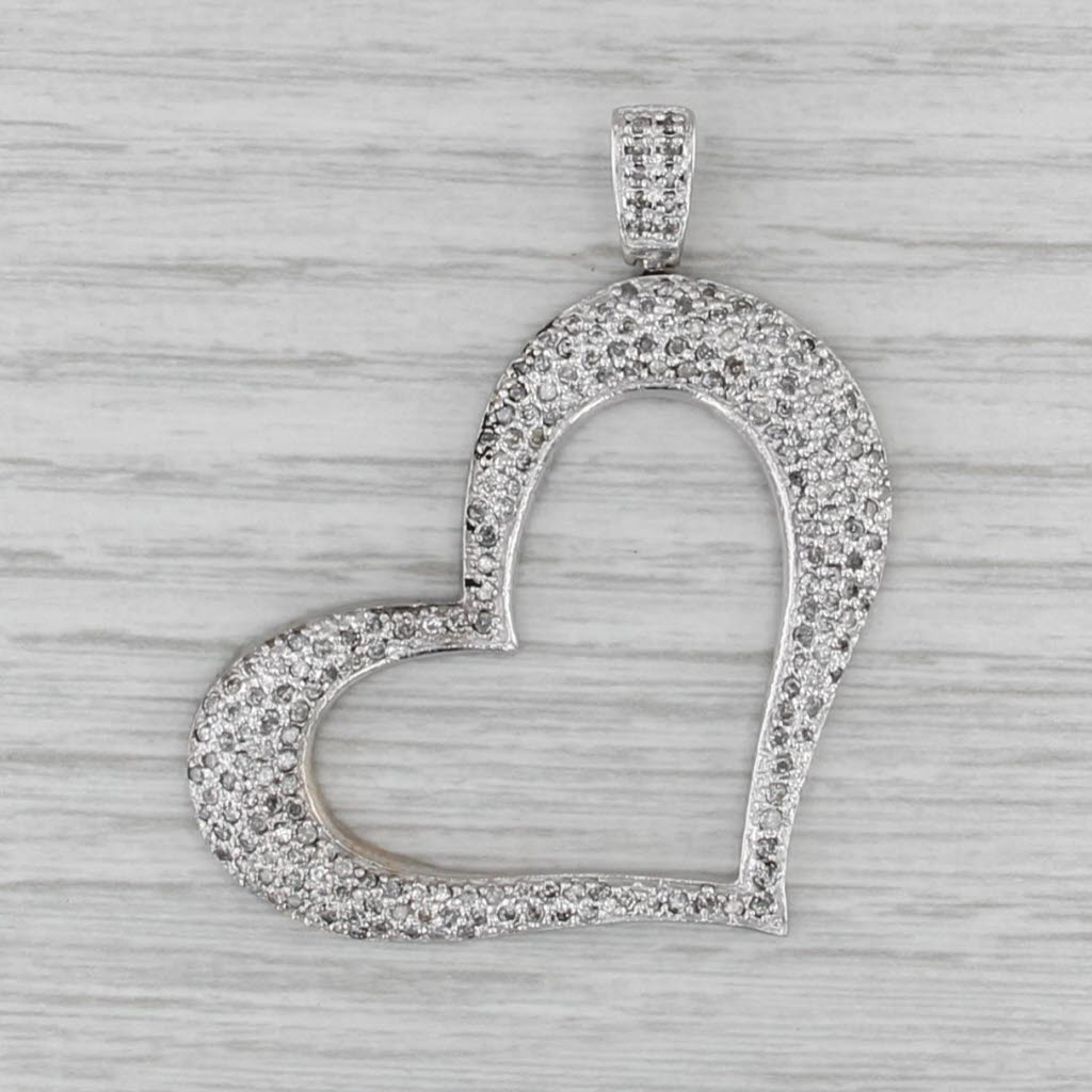 1.70ctw Pave Diamond Large Open Heart Pendant 10k White Gold