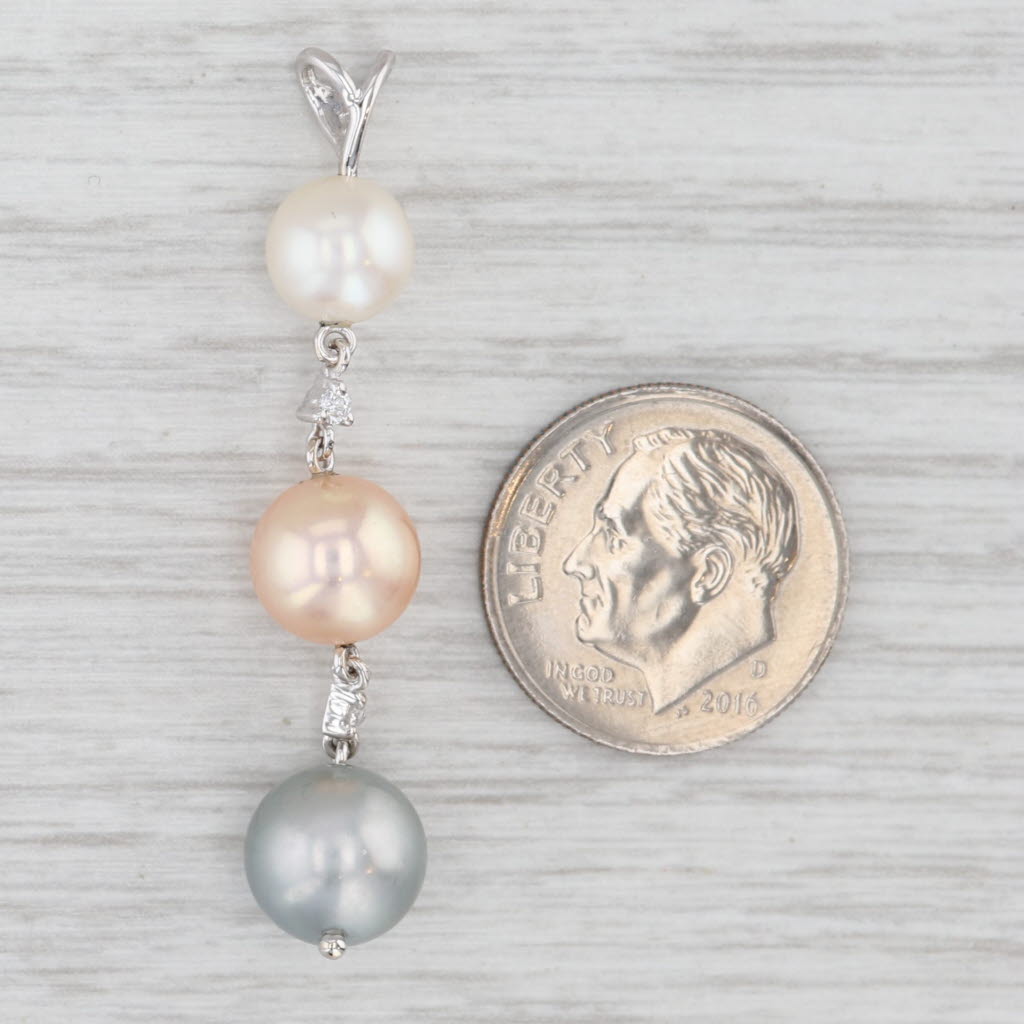Light Gray Tri-Color Cultured Pearl Diamond Dangle Pendant 18k White Gold