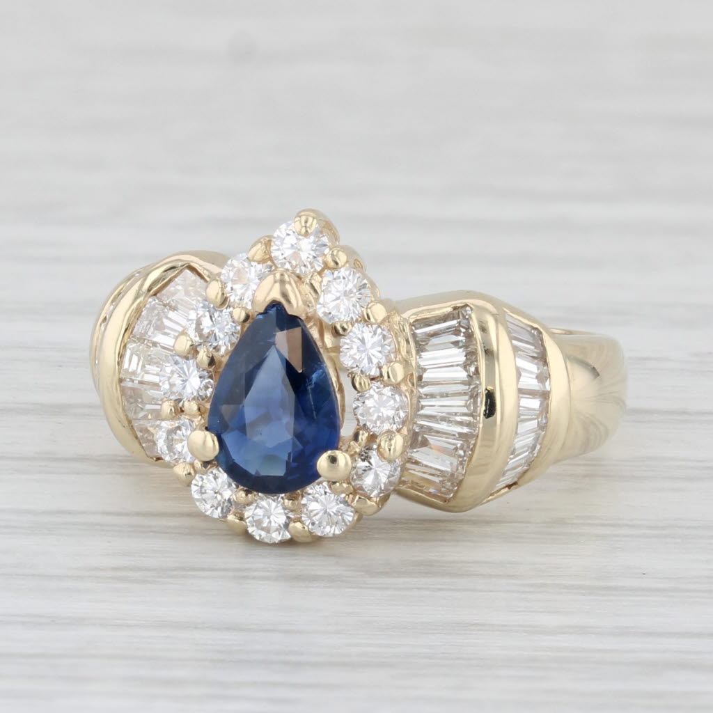 Light Gray 1.61ctw Blue Sapphire Diamond Halo Teardrop Ring 14k Yellow Gold Size 5