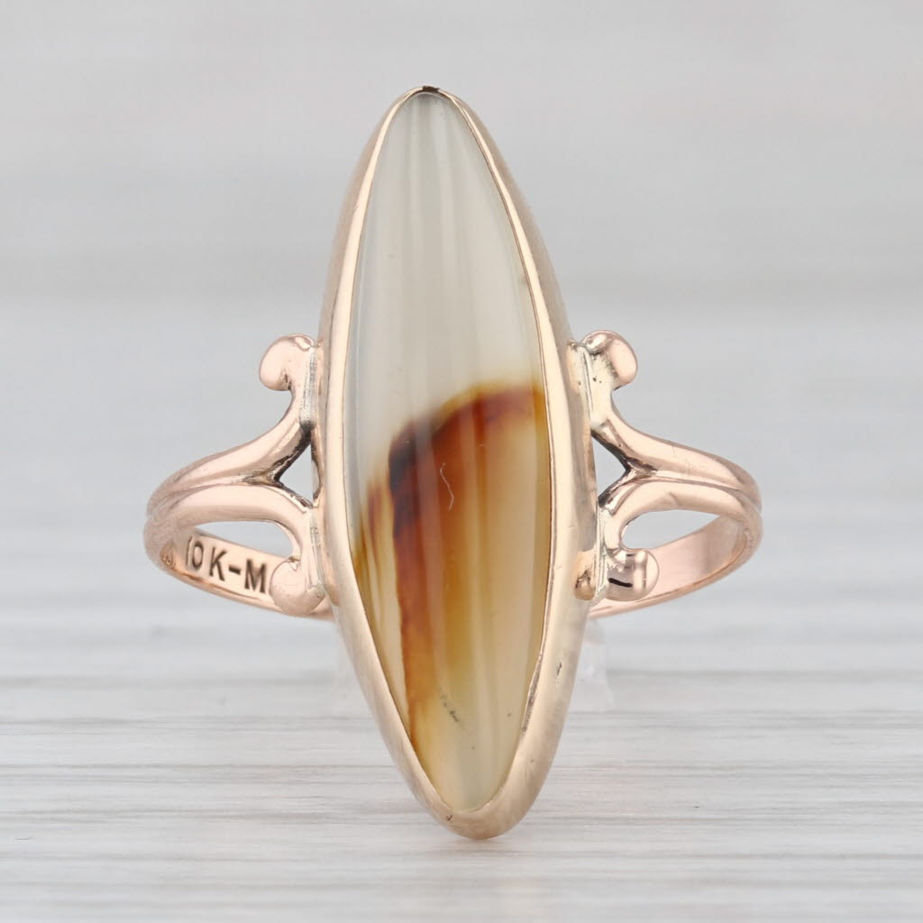 Vintage Brown White Agate Chalcedony Navette Cabochon Ring 10k Rose Gold Size 7