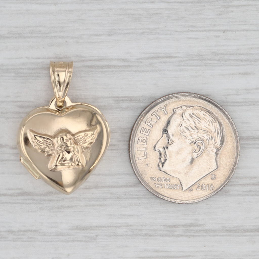 Cherub Guardian Angel Heart Picture Locket Pendant 10k Yellow Gold