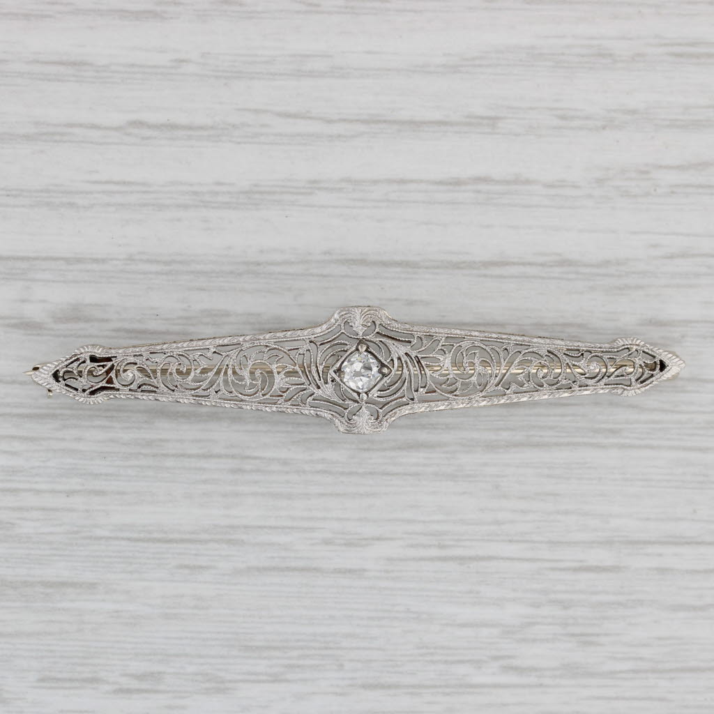 Gray Vintage Filigree 0.27ct Diamond Bar Pin 14k Gold Platinum Brooch VS2 Old Mine