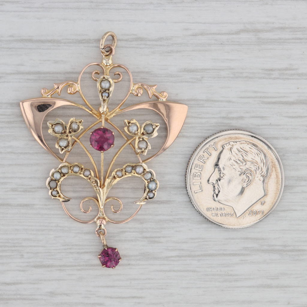 Gray Vintage Garnet Pearl Lavalier Pendant 9ct Yellow Gold