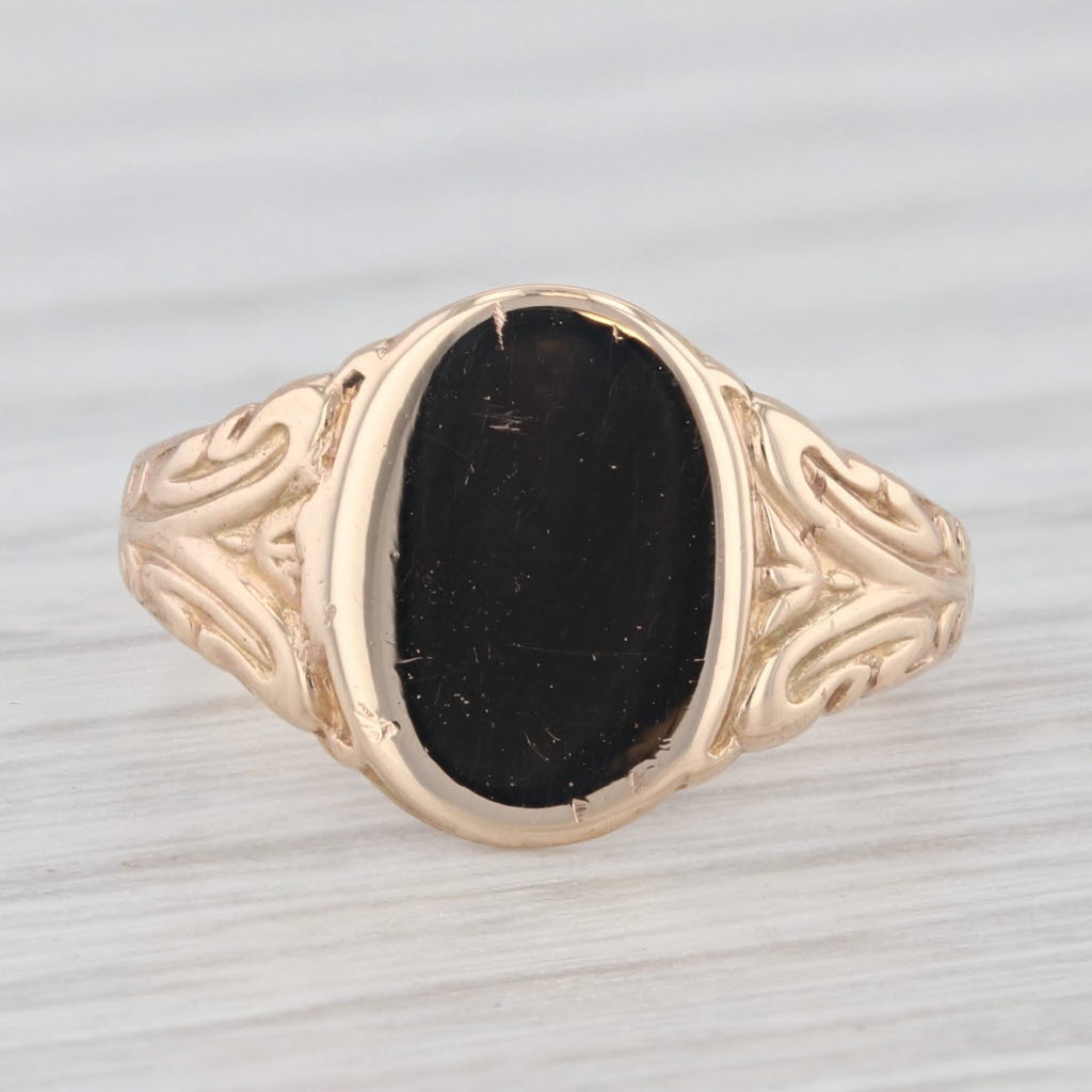 Light Gray Engravable Signet Ring 10k Yellow Gold Floral Etched Small Size 3