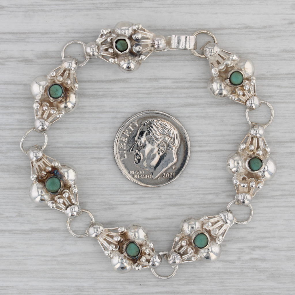 Gray Green Glass Silver Link Bracelet Mexico Vintage 6.25" Hook Clasp