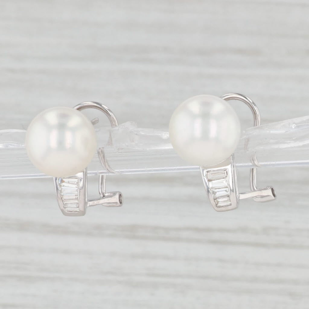 Light Gray Cultured Saltwater Pearl Diamond Earrings 14k White Gold Pierced Omega Backs