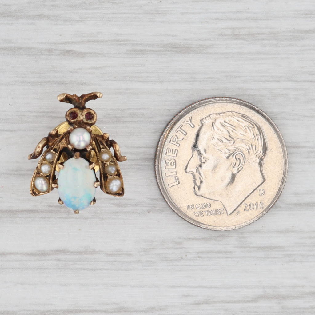 Light Gray Antique Opal Pearl Glass Bug Pin 14k Yellow Gold Lapel Tie Tac