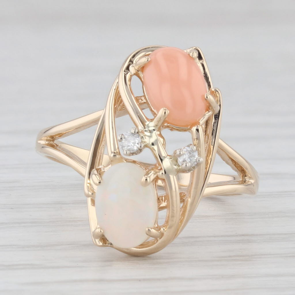 Light Gray Opal Coral Diamond Ring 14k Yellow Gold Size 6.5