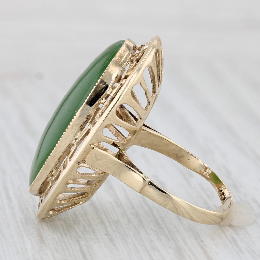 Light Gray Green Nephrite Jade Greek Key Halo Ring 14k Yellow Gold Size 6 Oval Cabochon