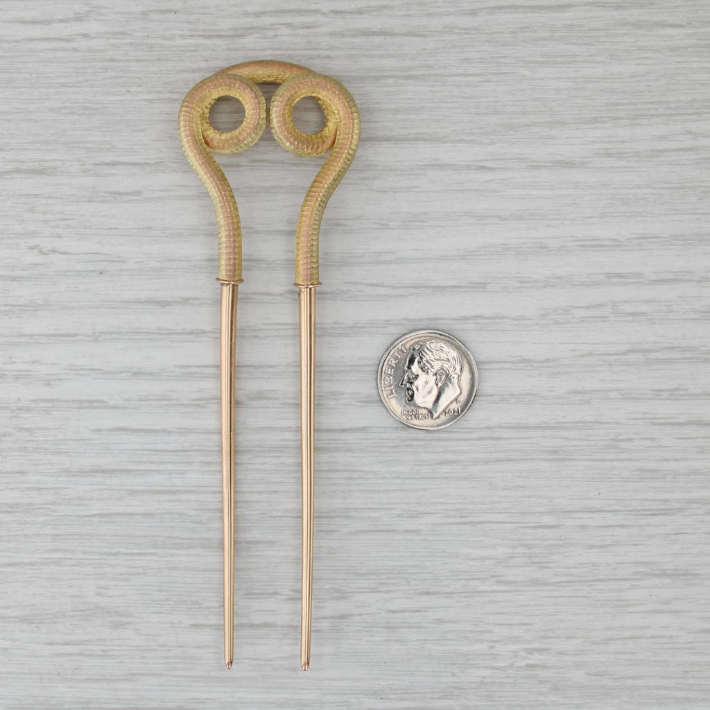 Antique Coiled Snake Hair Pin 14k Yellow Gold 2-Pronged