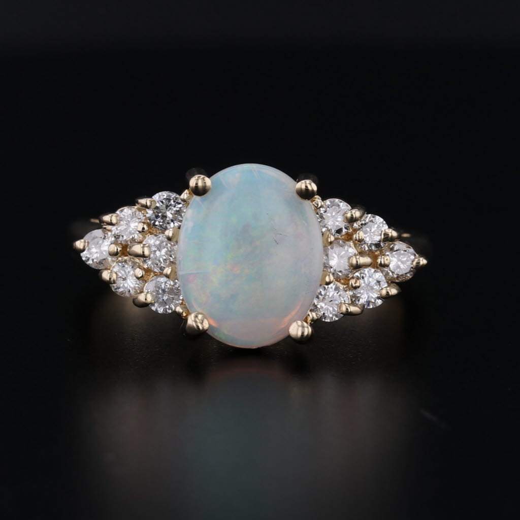 Opal 0.40ctw Diamond Clusters Ring 14k Yellow Gold Size 7 Oval Cabochon