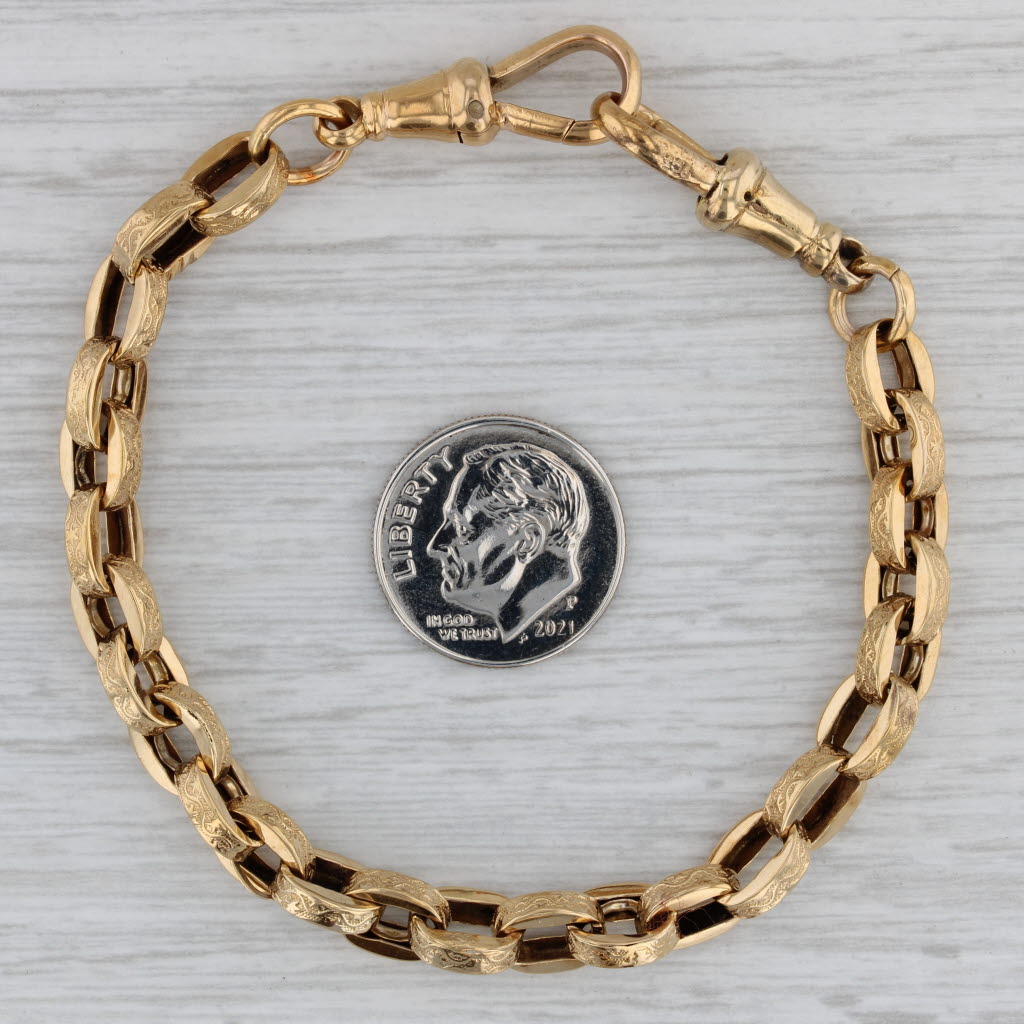 Gray Antique Watch Chain Bracelet 9k Yellow Gold Etched Cable Chain 7" 6.5mm