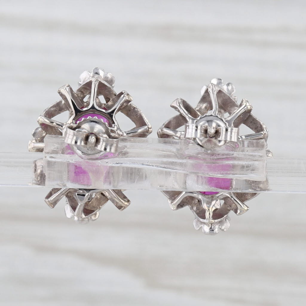 Vintage Lab Created Ruby Flower Accented Stud Earrings 10k White Gold