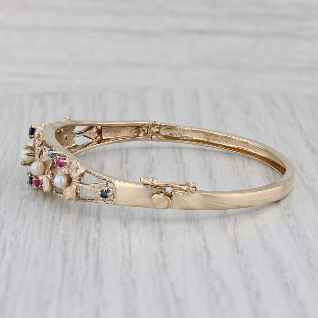 Gray Gemstone Floral Bangle Bracelet 14k Gold 0.46ctw Sapphire Ruby Cultured Pearl