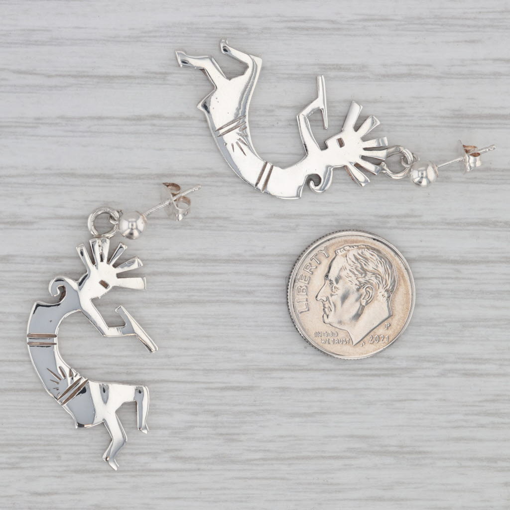 Gray Kokopelli Tribal Figure Earrings Sterling Silver Dangle Drops Southwestern