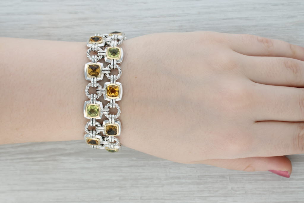 Gray David Yurman 0.25ctw Peridot Citrine Bracelet Sterling Silver 18k Gold 7"