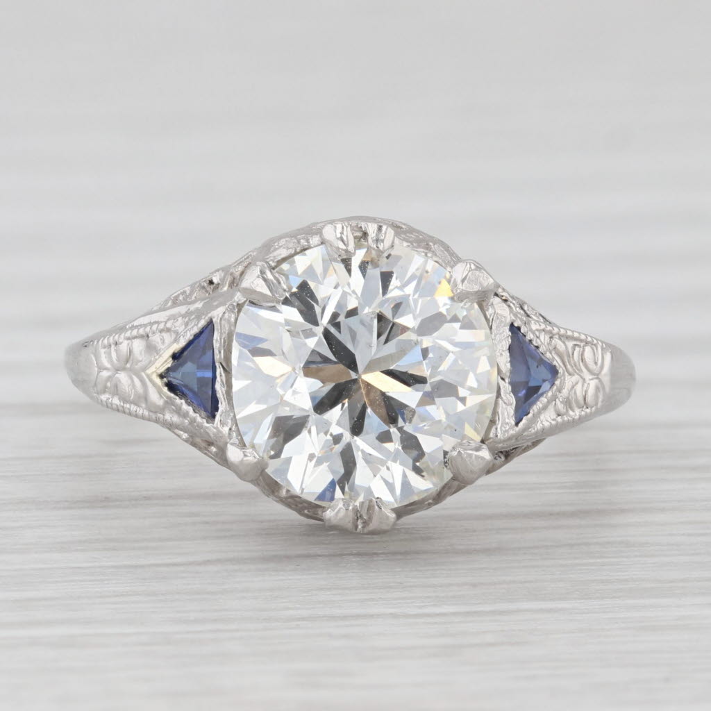 Light Gray Art Deco 3.14ctw Diamond Sapphire Engagement Ring Platinum Filigree Sz 6.75 GIA