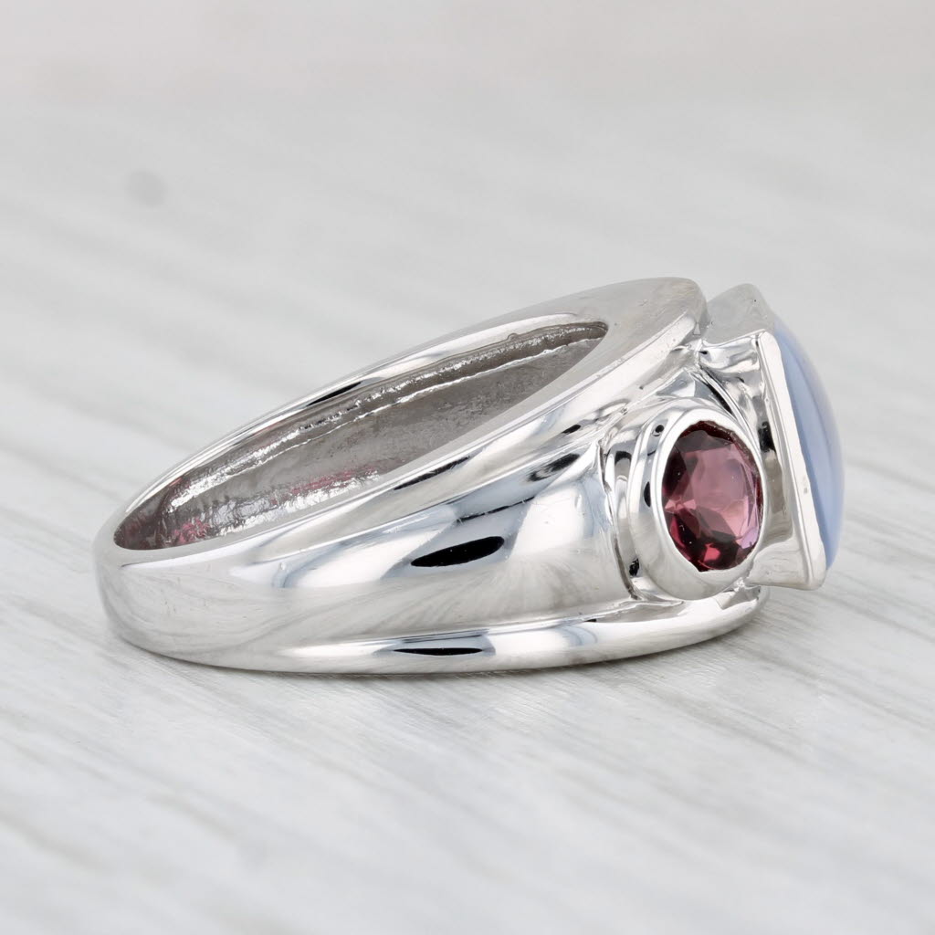 Light Gray Blue Chalcedony Pink Tourmaline Ring 14k White Gold Size 6.75