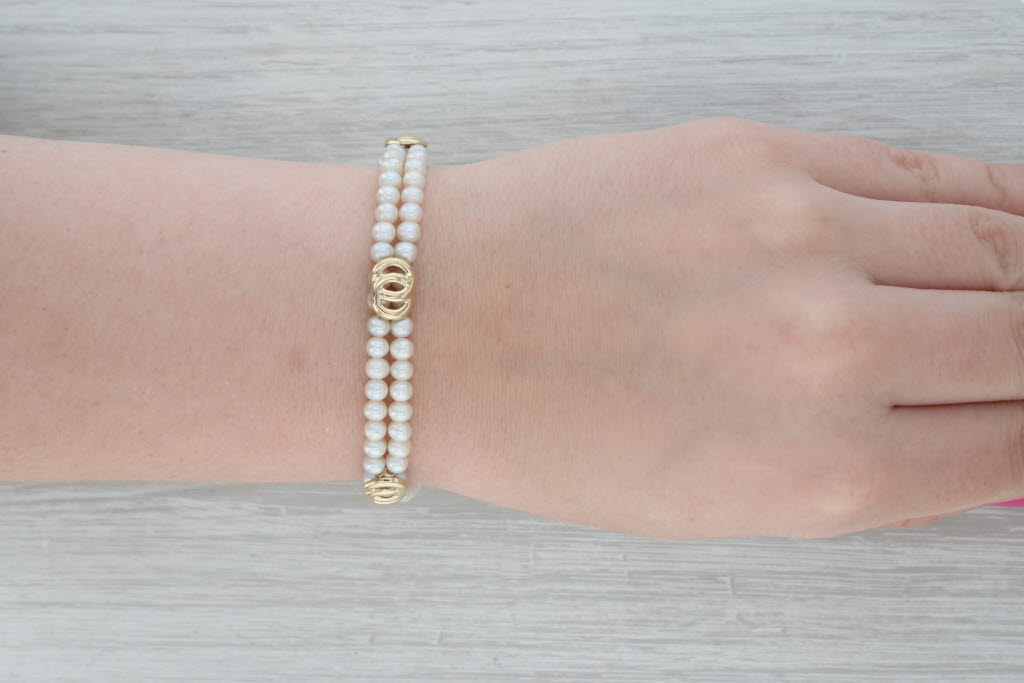 Dark Gray Cultured Pearl Double Strand Bracelet 14k Yellow Gold Knot Accents 7.25"