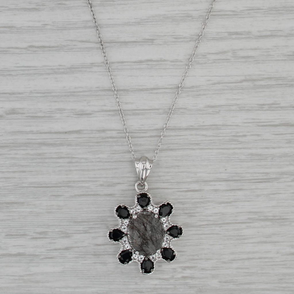 Tourmalated Quartz Topaz Imitation Diamond Pendant Necklace Sterling Silver 18"
