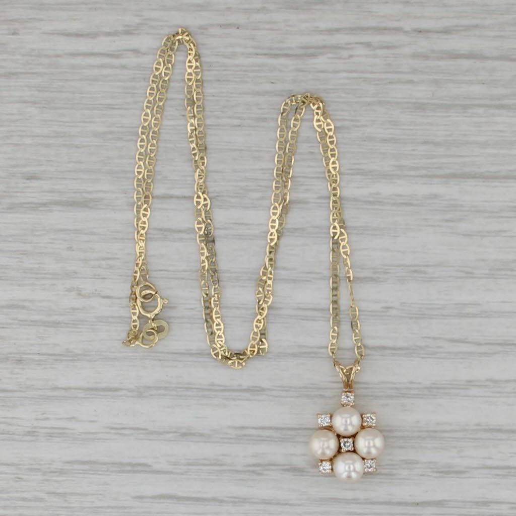 Cultured Pearl Diamond Pendant Necklace 14k Gold 16" Mariner Anchor Chain