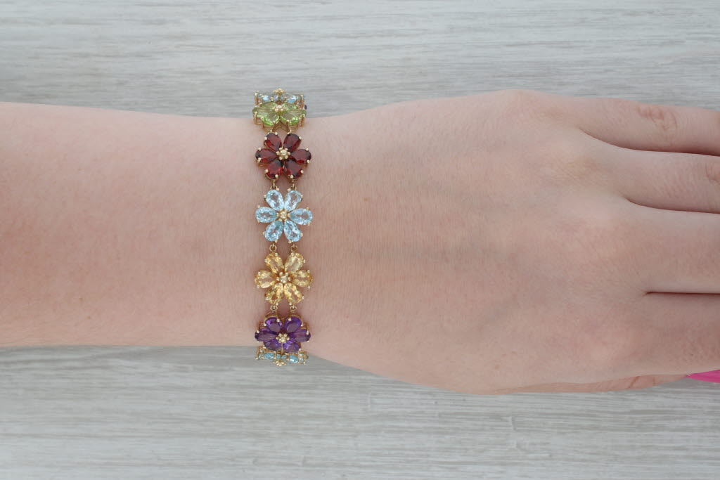 Dark Gray 28.20ctw Gemstone Flower Bracelet 10k Gold 7" Garnet Amethyst peridot Aquamarine