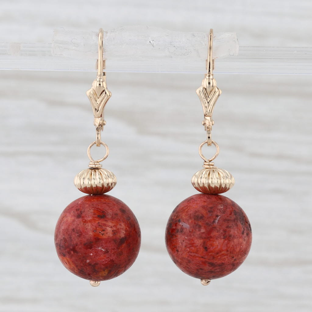 Resin Coral Bead Dangle Earrings 14k Yellow Gold Lever Backs