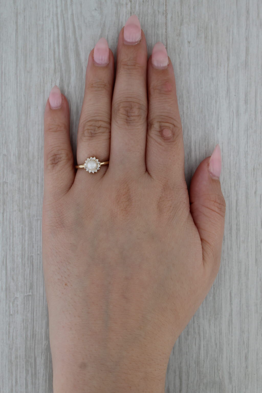 Cultured Pearl Diamond Halo Ring 14k Yellow Gold Size 6.5