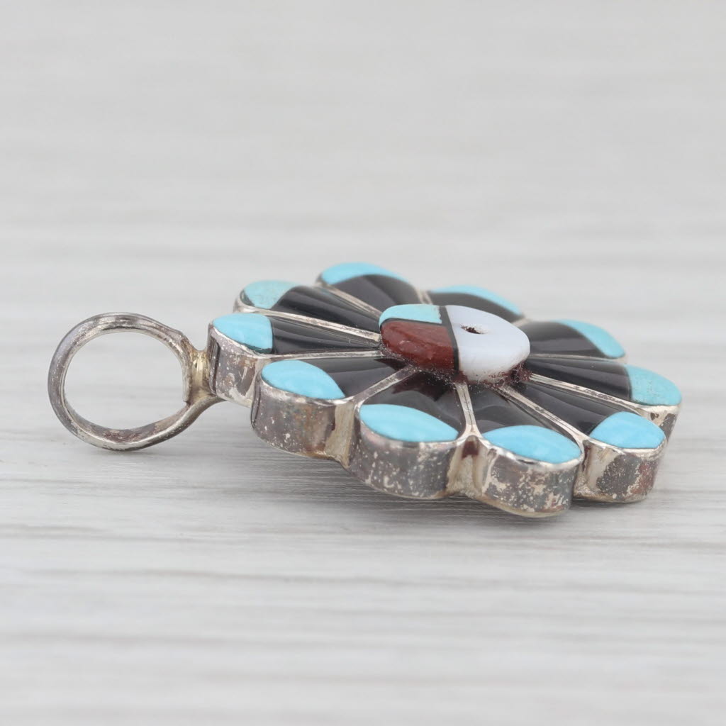 Light Gray Native American Zuni Flower Pendant Sterling Silver Glass Quartz Turquoise RJV