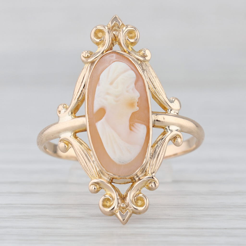 Vintage Carved Oval Shell Cameo Ring 10k Yellow Gold Size 10.5