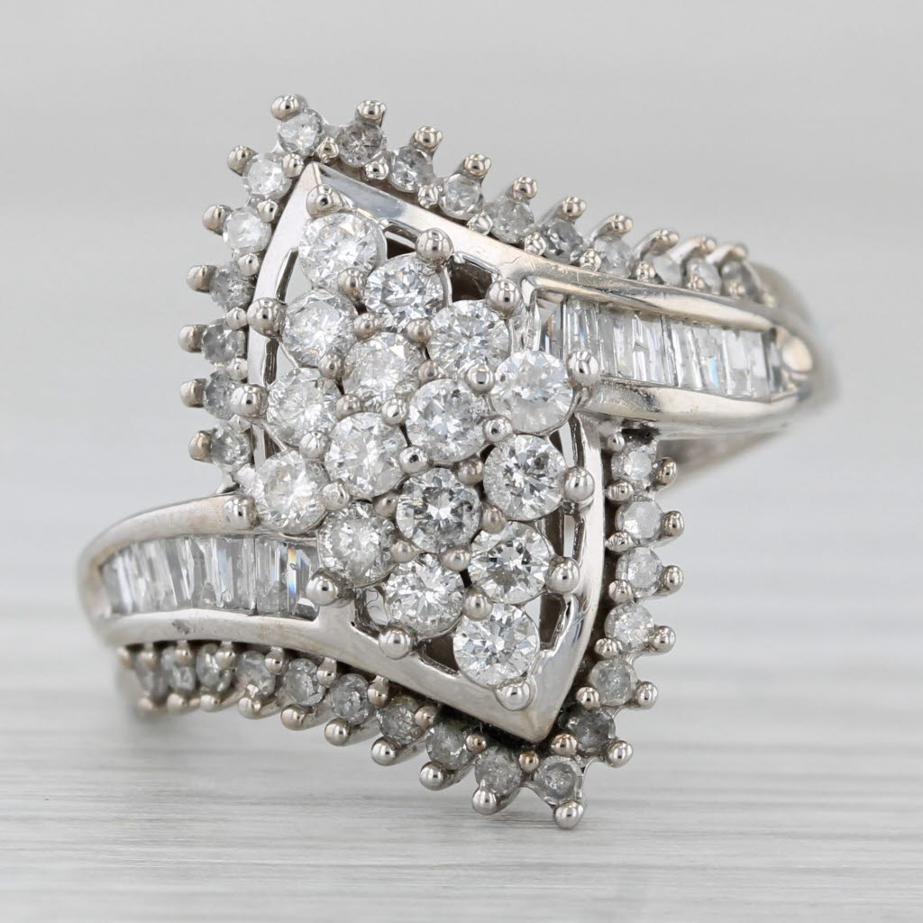 Gray 1ctw Diamond Cluster Bypass Ring 10k White Gold Size 7.25