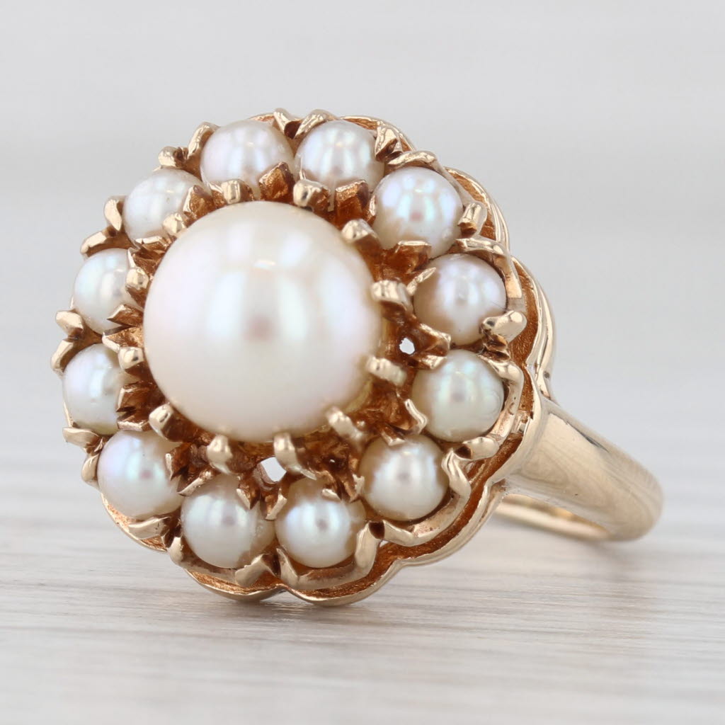 Vintage Cultured Pearl Halo Ring 14k Yellow Gold Size 7 Cocktail