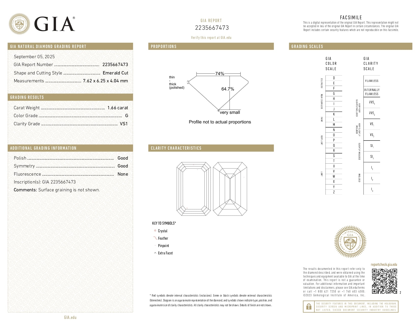 1.66ct Loose Diamond Solitaire G VS1 Emerald Cut for Setting GIA Cert