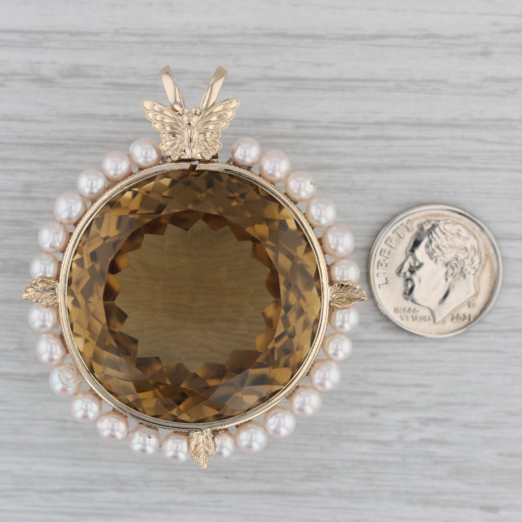 Gray Large 107ct Citrine Pearl Halo Butterfly Pendant 14k Yellow Gold Statement