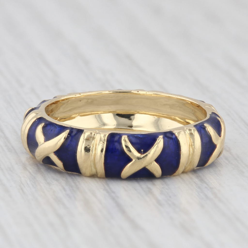 Light Gray Stackable Blue Enamel X Pattern Ring 18k Yellow Gold Band
