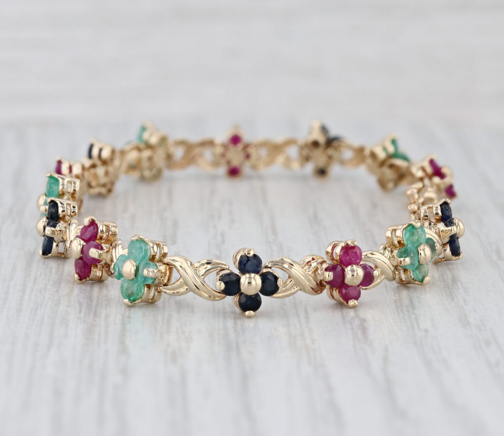 4.84ctw Ruby Sapphire Emerald Flower Tennis Bracelet 14k Yellow Gold 7"