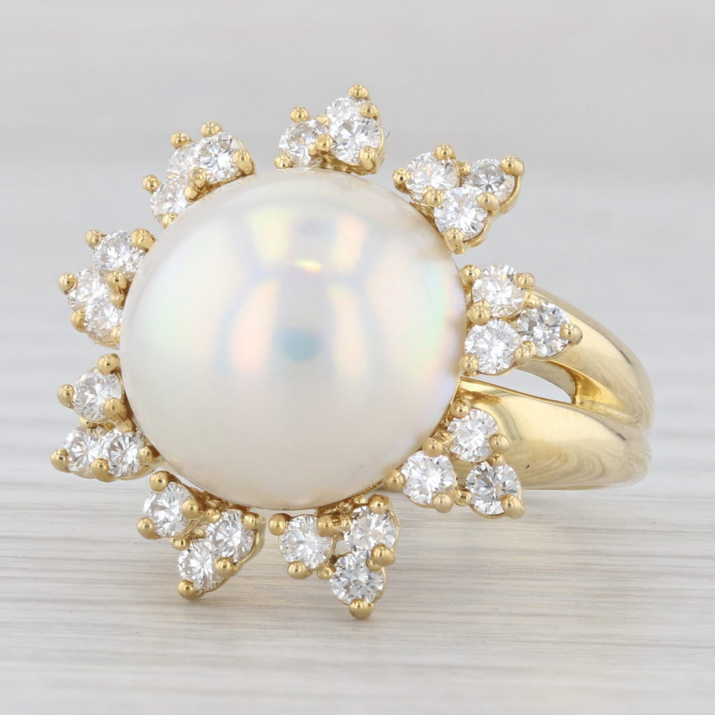 Light Gray Kurt Wayne Mabe Pearl Diamond Halo Flower Cocktail Ring 18k Yellow Gold Sz 7.75