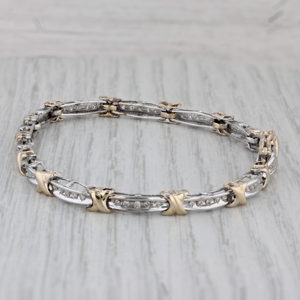 Gray 0.20ctw Diamond Bar X Link Bracelet 10k White Yellow Gold 7.25"