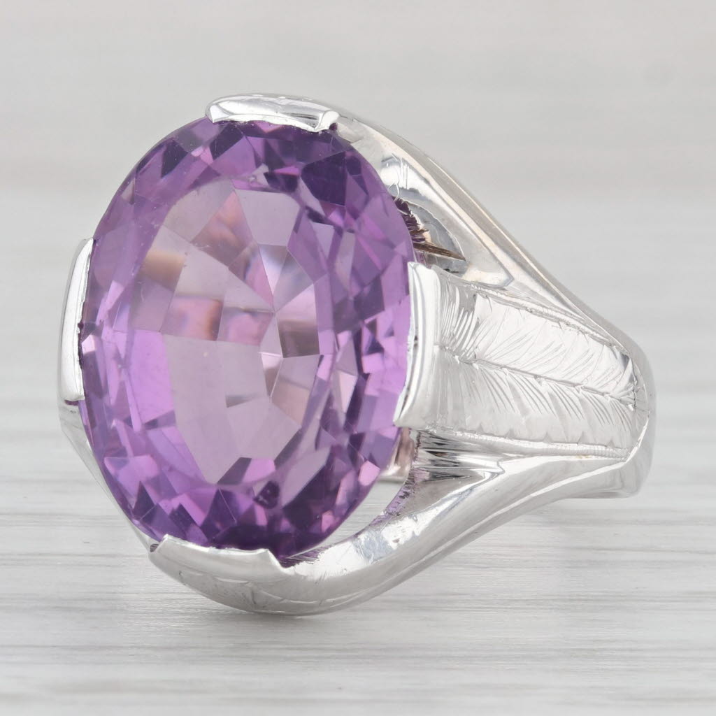 Light Gray 11.50ct Oval Amethyst Ring 13k Gold Solitaire Cocktail Vintage Hand Engraved