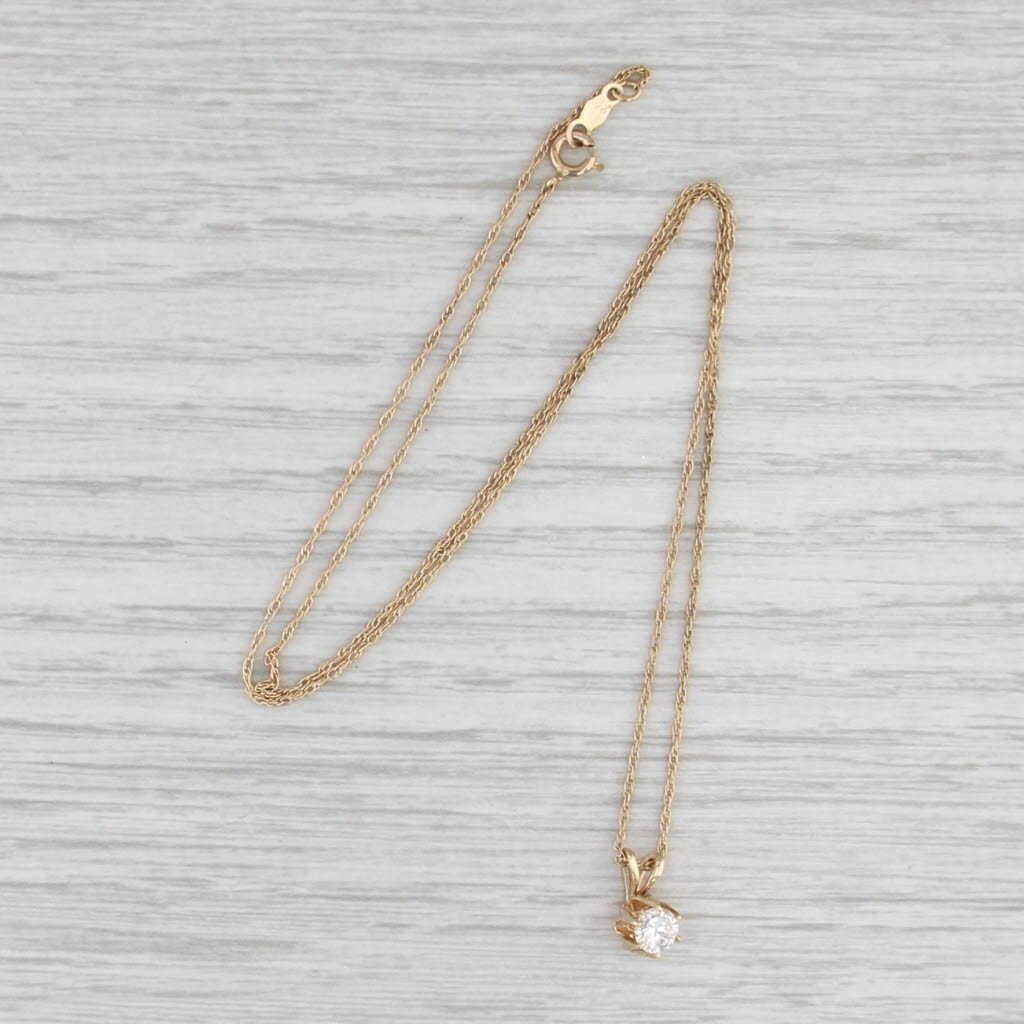 Round Brilliant Solitaire Diamond Pendant Necklace 14k Gold 16" Rope Chain