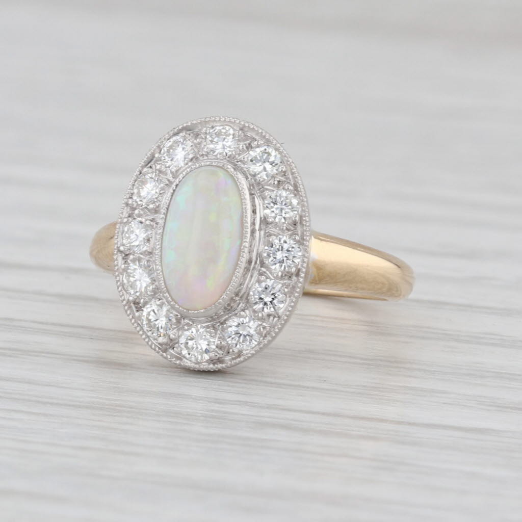 Vintage Opal Diamond Halo Ring 14k Yellow Gold Platinum Size 4