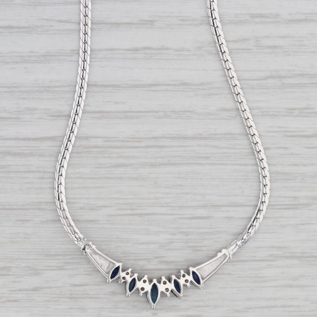 Gray 1.34ctw Blue Sapphire Diamond Necklace 14 White Gold 16.75" Herringbone Chain