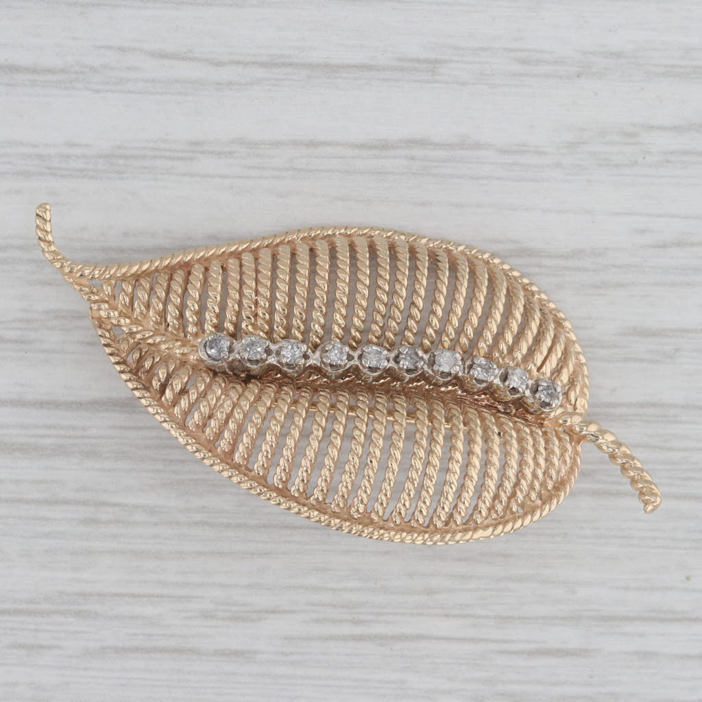 Gray 0.15ctw Diamond Filigree Leaf Brooch 14k Yellow Gold Statement Pin