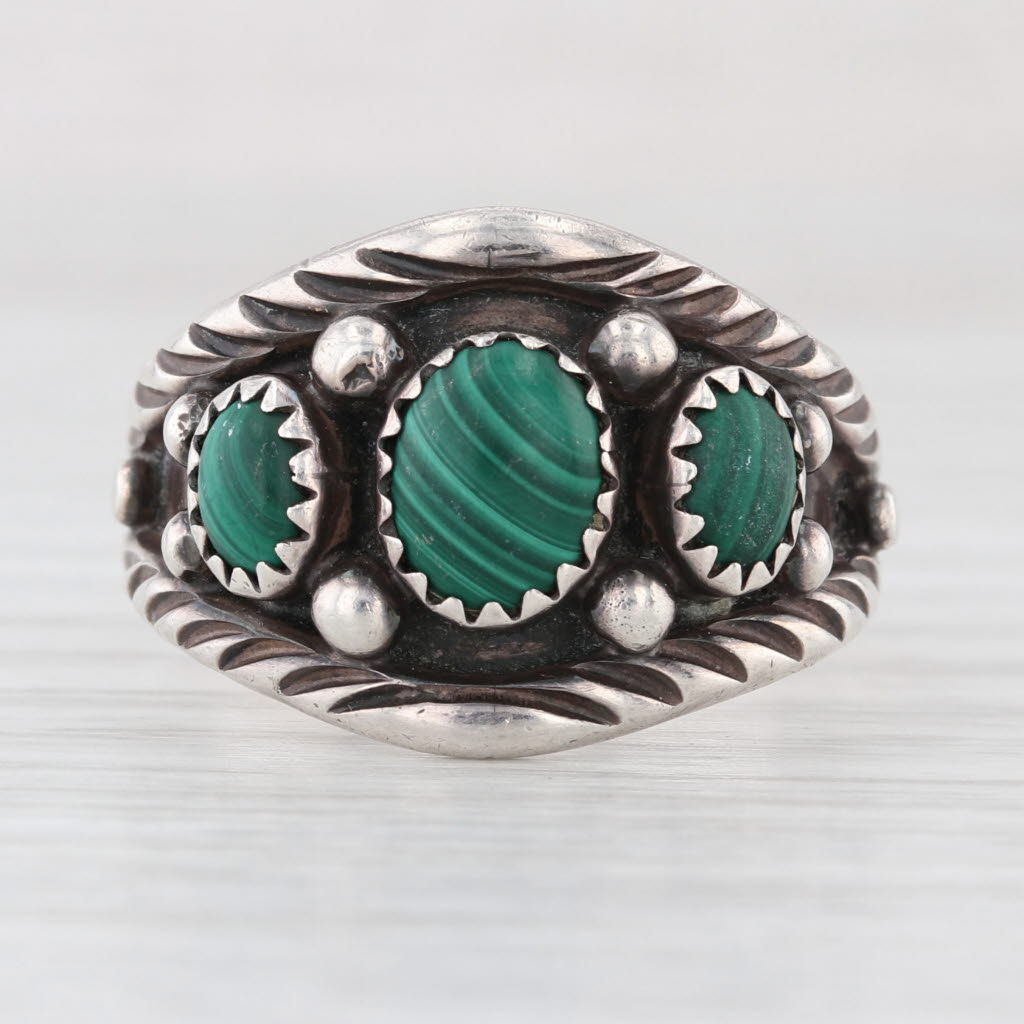 Vintage Green Malachite Ring Sterling Silver Size 10.25 Native American Signed
