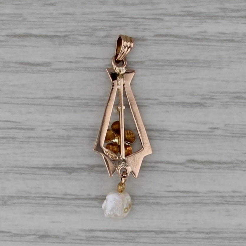 Antique Baroque Pearl Diamond Flower Pendant 10k Yellow Gold Drop